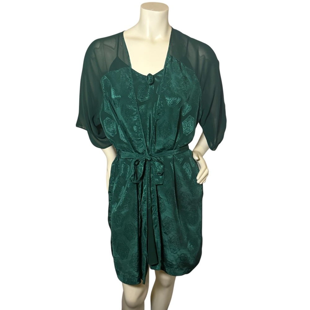 Vintage Val Mode Lingerie Kelly Green Floral Lace Robe Dress Set Womens Size S - Picture 5 of 15